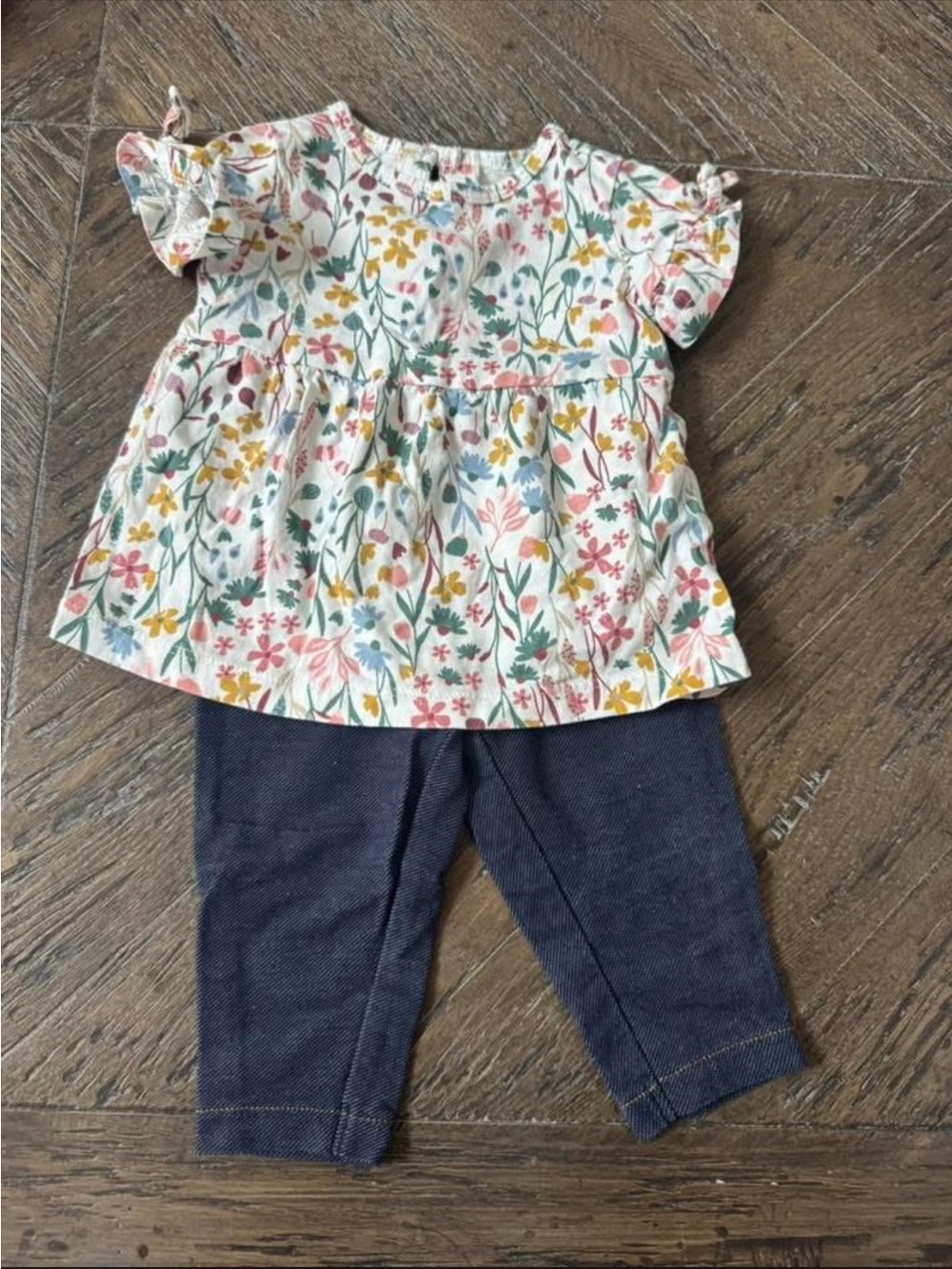 Carter's Floral White Top with Pink, Yellow & Green Accents and Navy Pants